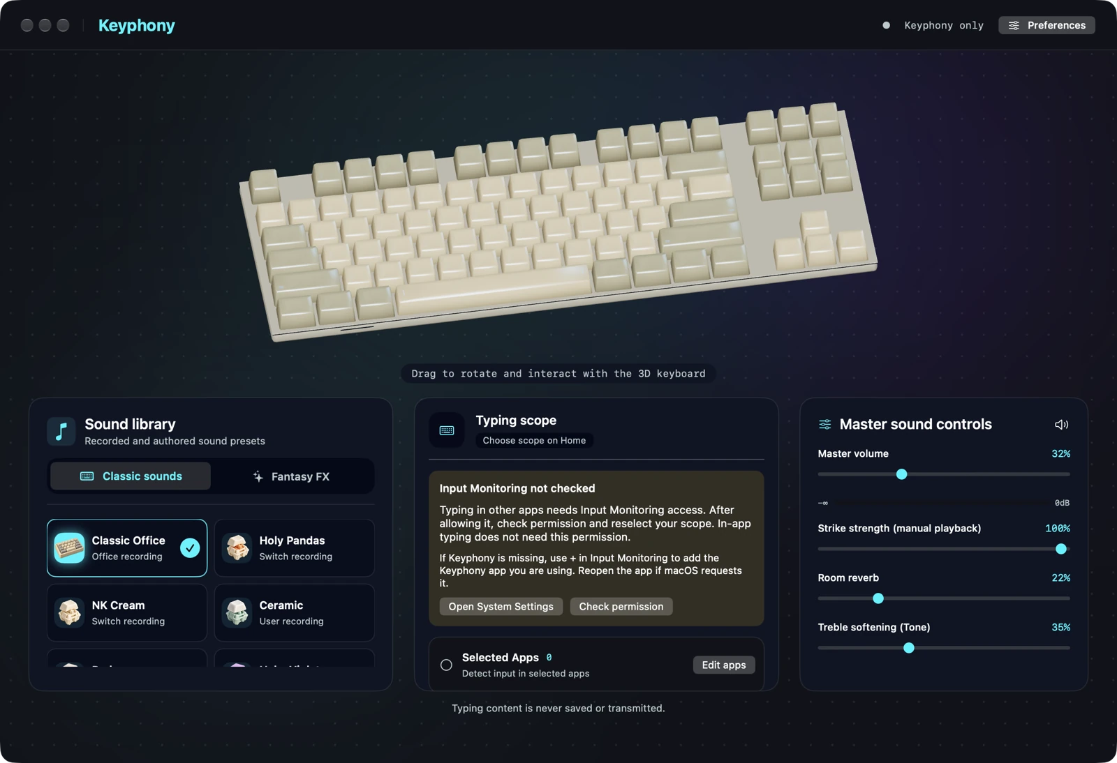 Actual Keyphony Mac app: a 3D keyboard, sound library, typing scope and master sound controls.