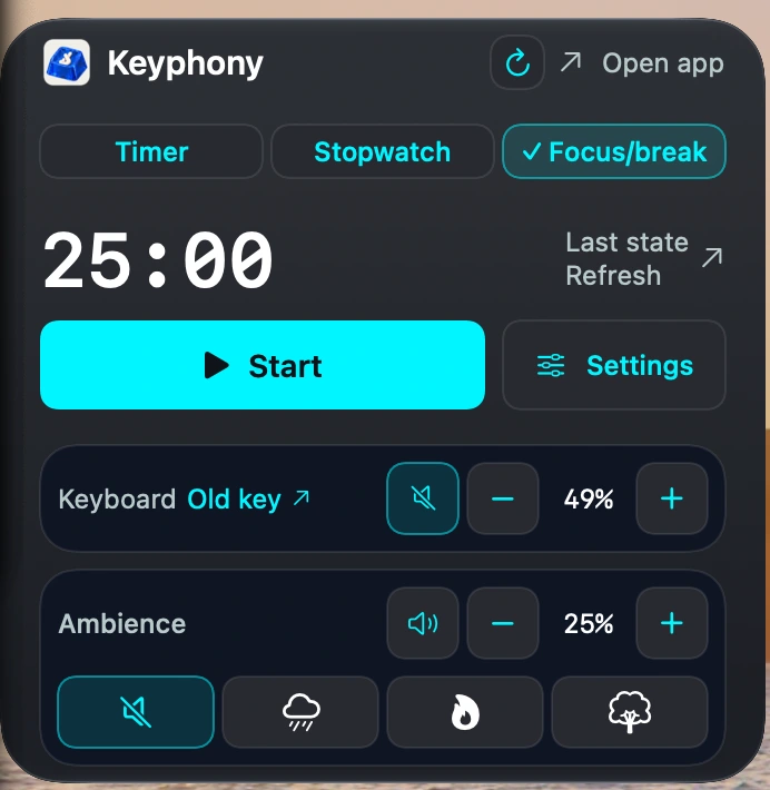 Actual Keyphony desktop widget with timer, stopwatch and focus/break modes, a Start button, keyboard volume and ambience controls.